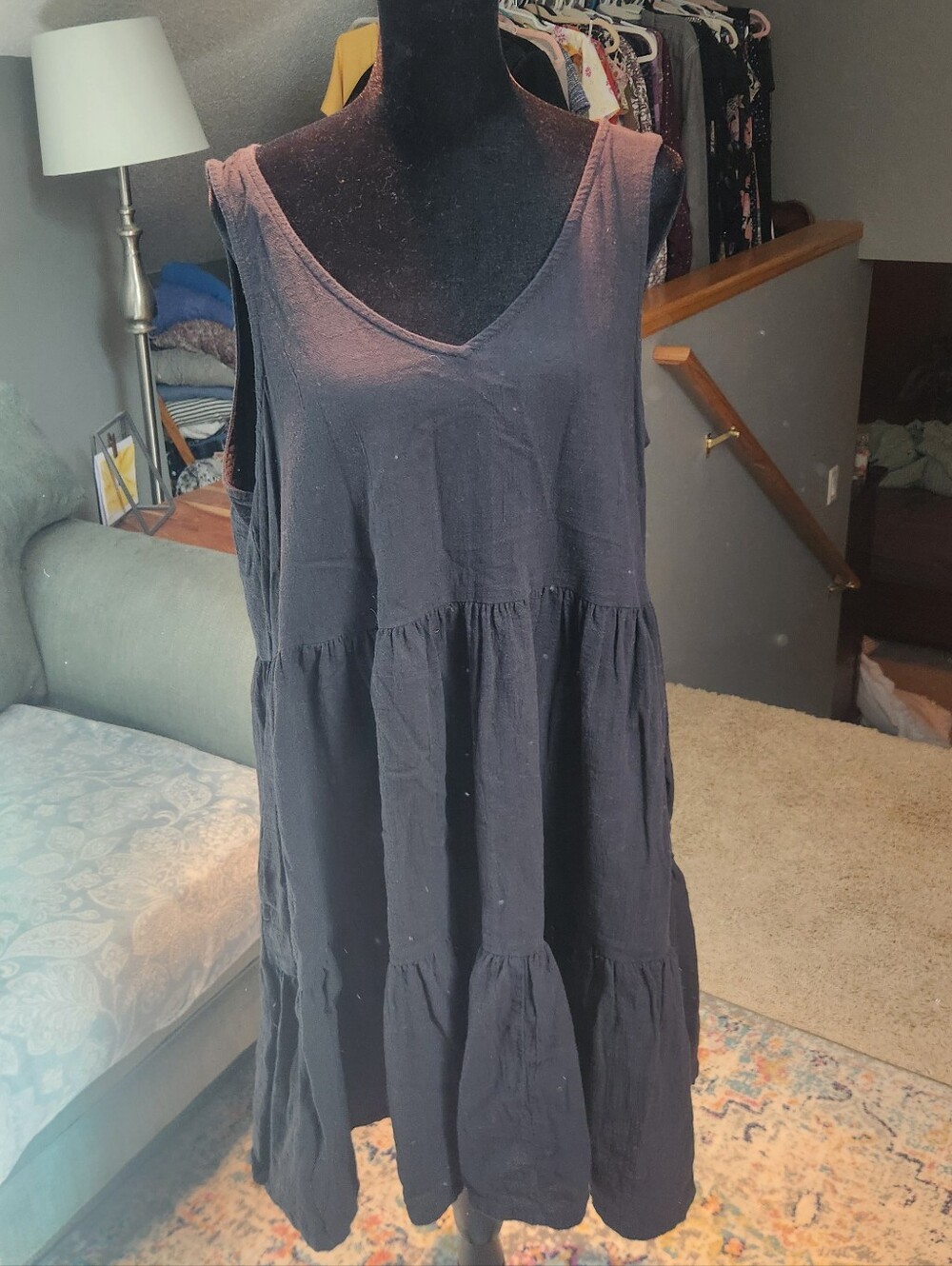A.N.A. Black Sleeveless Tiered V-Neck Babydoll Dress Large 100% Cotton Good!